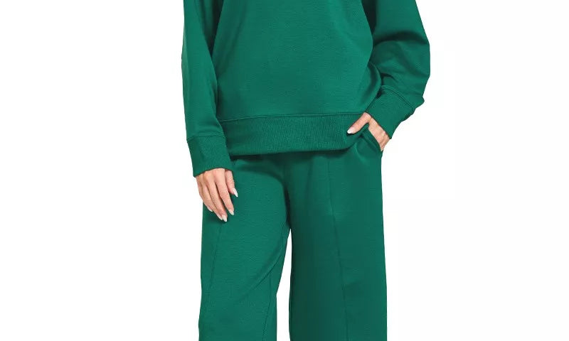 ZENANA Scuba Collared Pullover and Pants Set on Simply Obsessed