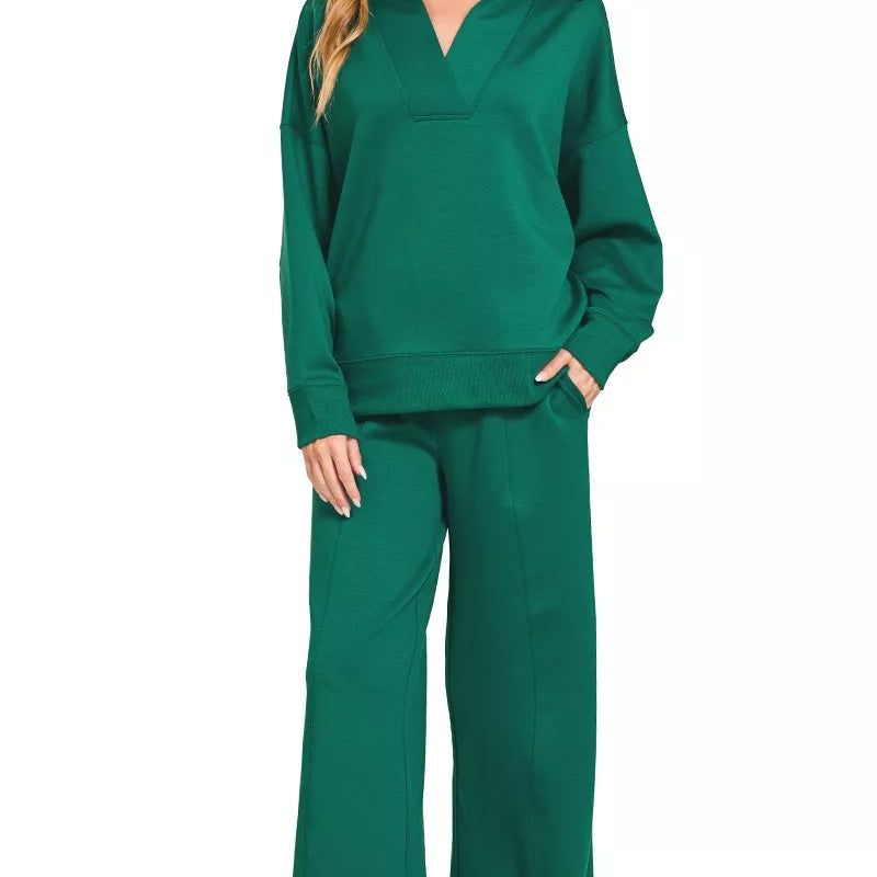 ZENANA Scuba Collared Pullover and Pants Set on Simply Obsessed