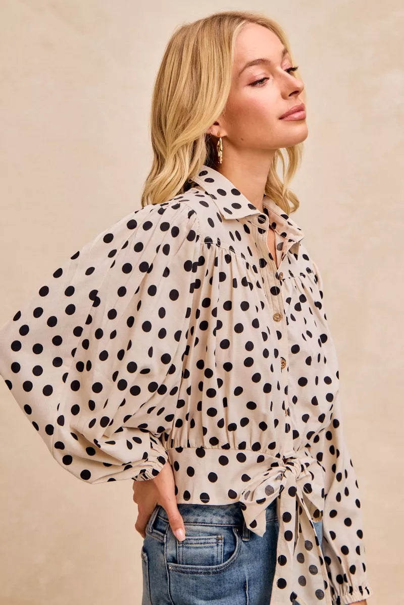 BIBI Polka Dot Print Tie Hem Detail Crop Shirt on Simply Obsessed