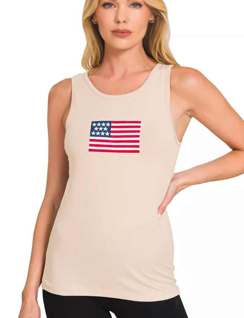 ZENANA Double Scoop American Flag Embroidered Tank Top on Simply Obsessed