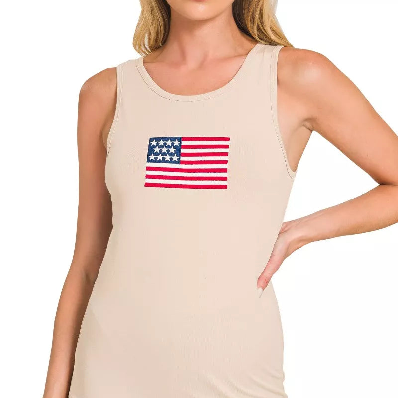 ZENANA Double Scoop American Flag Embroidered Tank Top on Simply Obsessed