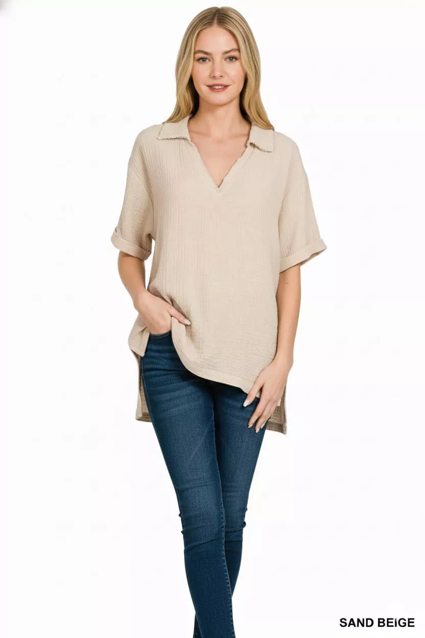 ZENANA Double Gauze Short Sleeve High-Low Top on Simply Obsessed
