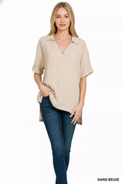 ZENANA Double Gauze Short Sleeve High-Low Top on Simply Obsessed