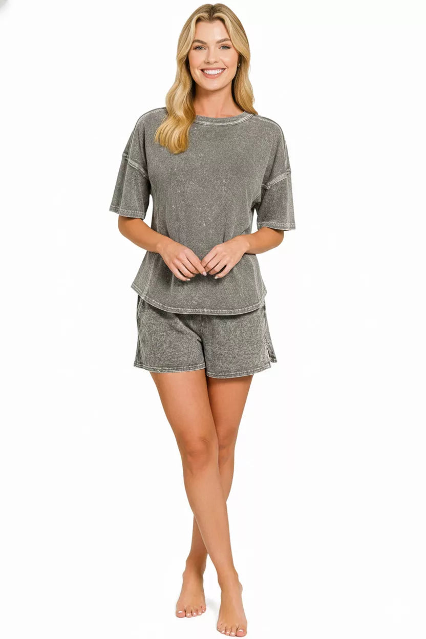 ZENANA Halo Snow Washed Short Sleeve Tee and Shorts Set on Simply Obsessed