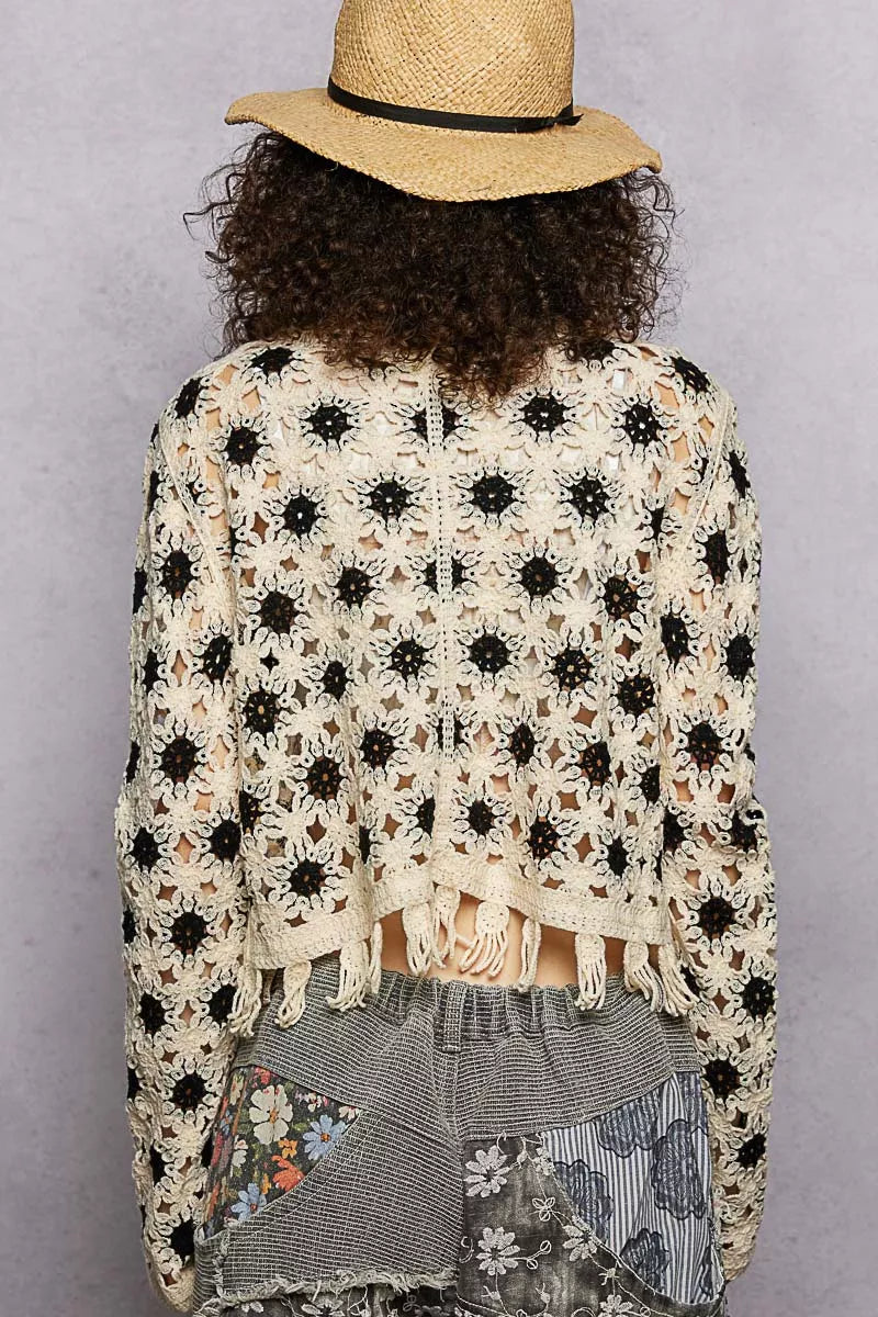 POL Openwork Floral Crochet Cardigan with Tassel Hem on Simply Obsessed