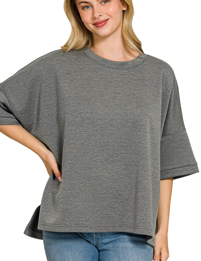 ZENANA Full Size Scuba Round Neck Top With Side Slits Plus Size on Simply Obsessed