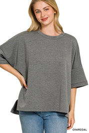 ZENANA Full Size Scuba Round Neck Top With Side Slits Plus Size on Simply Obsessed