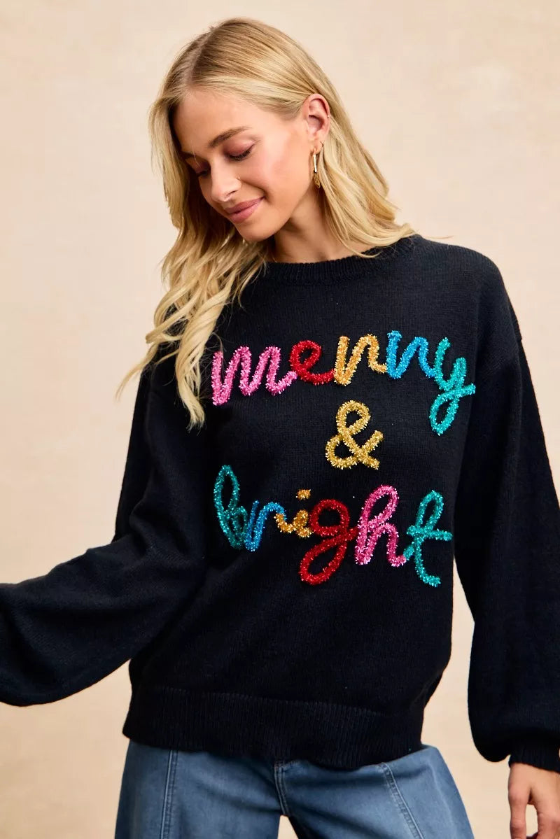 BIBI Tinsel Lettering Christmas Sweater on Simply Obsessed