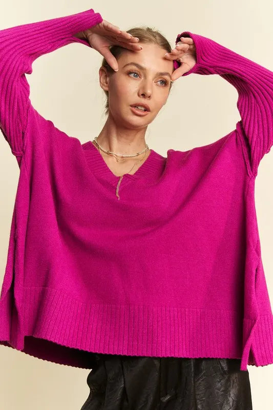 DAVI & DANI Ribbed Side Slit V-Neck Sweater on Simply Obsessed
