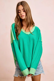 BIBI Textured Jersey Color Block Top With Cut Edge on Simply Obsessed
