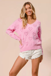 BiBi Valentines Heart Pompom V Neck Knit Top on Simply Obsessed
