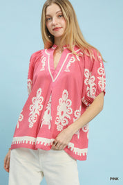 UMGEE Boho Print Split-Neck Short Sleeve Top on Simply Obsessed