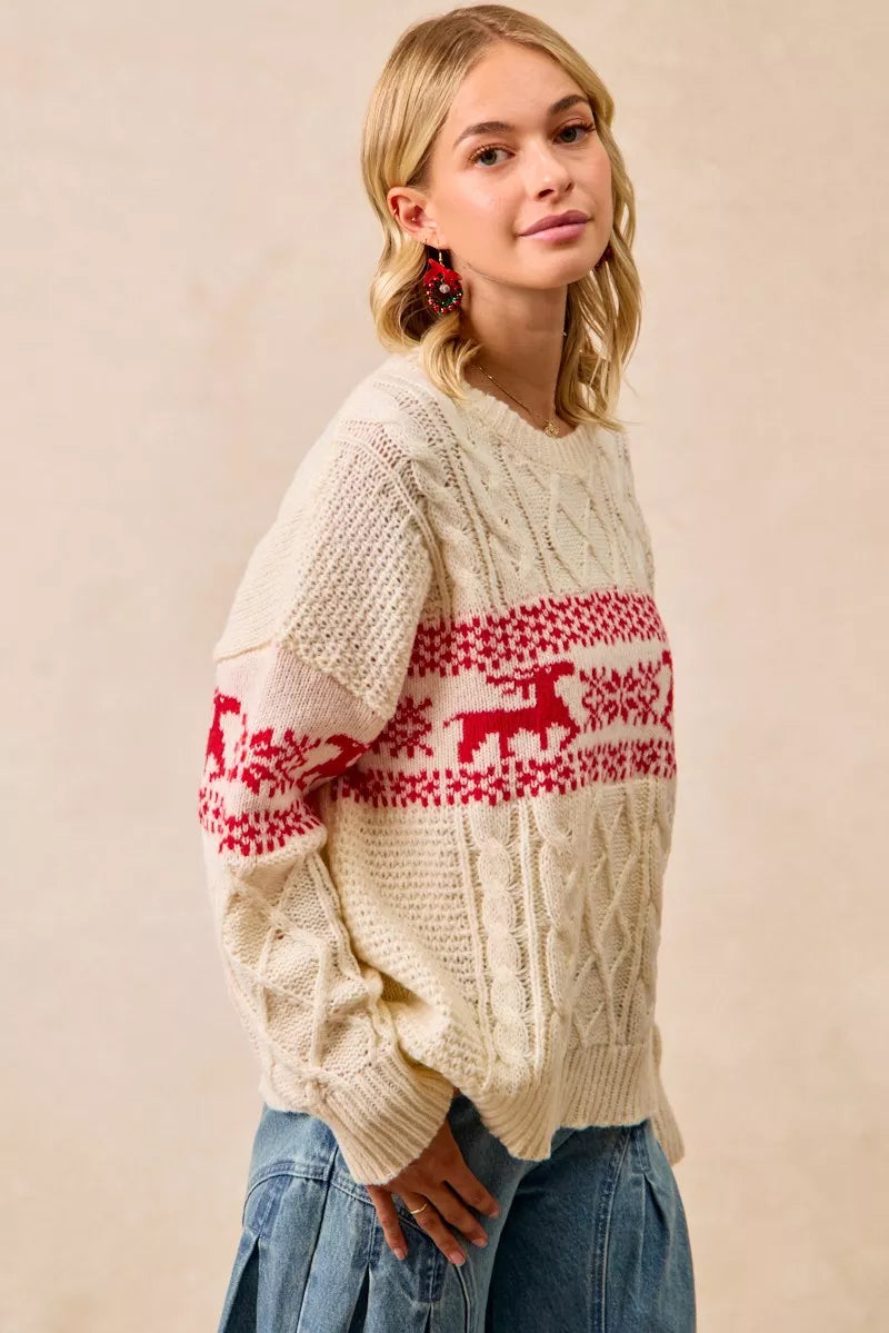 BIBI Christmas Theme Patterned Cable Knit Sweater on Simply Obsessed