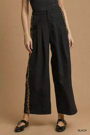 Umgee Front Pleated Wide-Leg Pants with Contrast Trim on Simply Obsessed