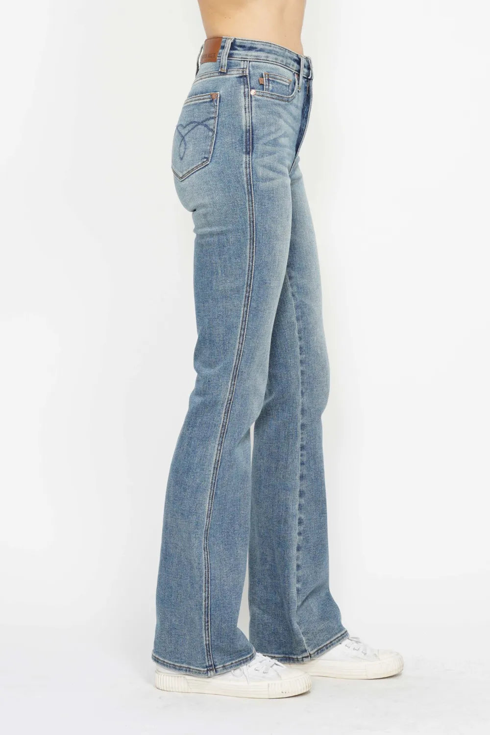 JUDY BLUE Full Size Tummy Control Back Embroidered Pocketed Bootcut Jeans Plus Size on Simply Obsessed