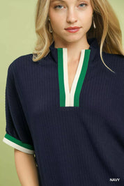 UMGEE Textured Knit Top with Striped Contrast Trim on Simply Obsessed