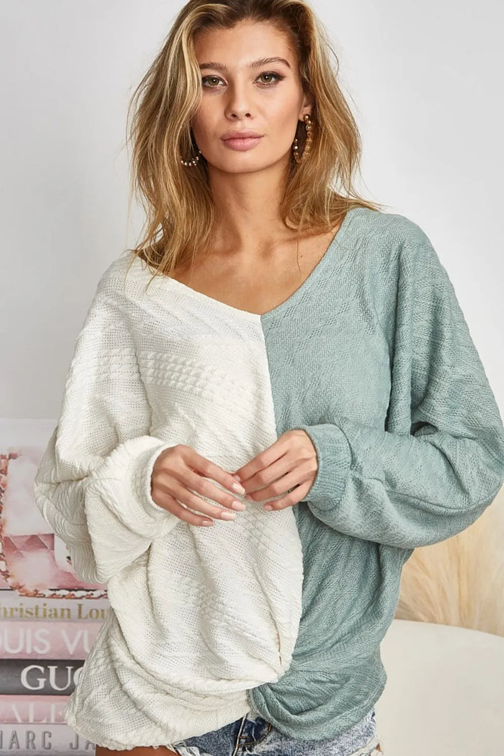 BIBI Twist Front Contrast Cable Knit Top **FALL DEBUT SALE** on Simply Obsessed