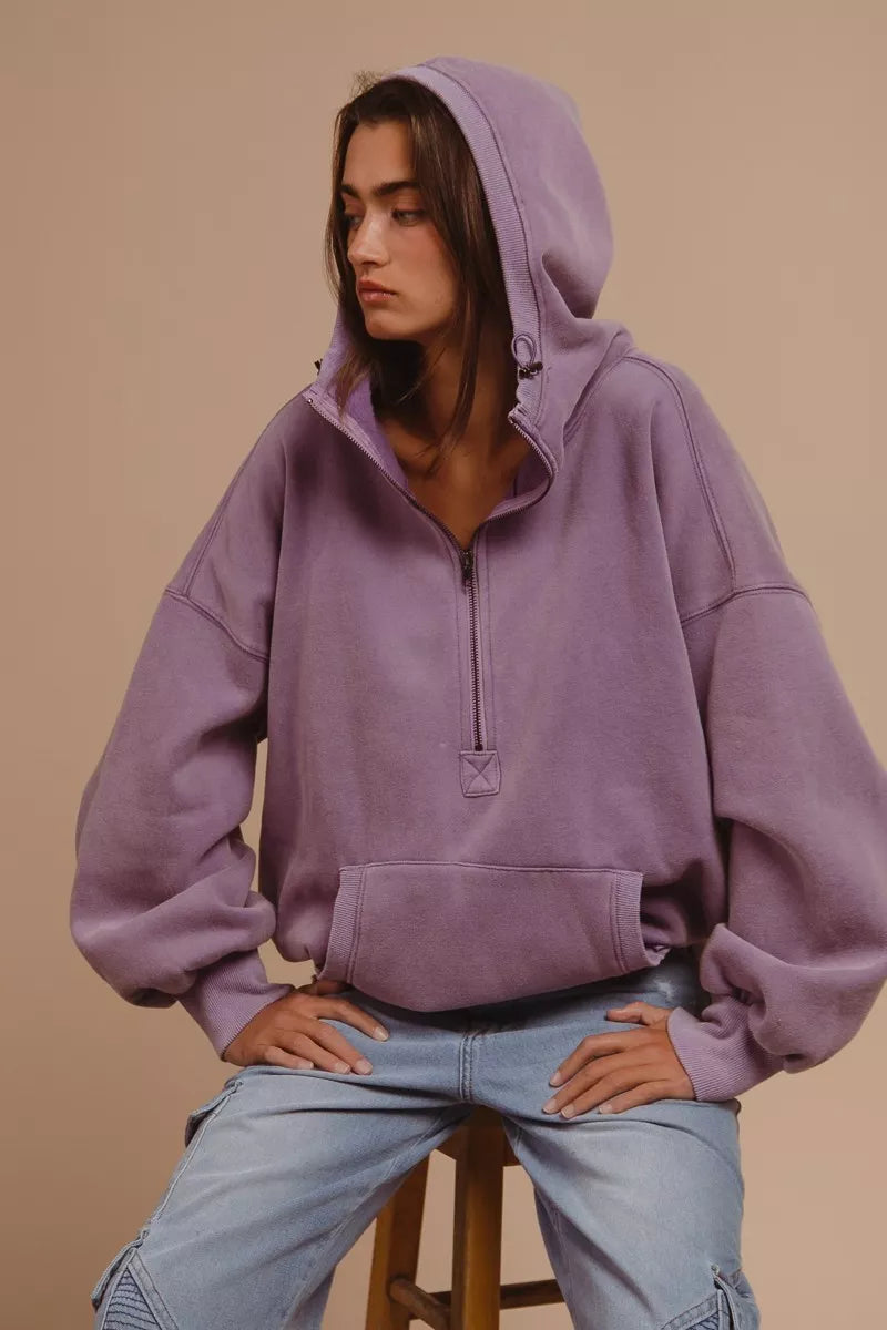 BIBI Stitch Detailed Elastic Hem Half Zip Fleece Hoodie on Simply Obsessed