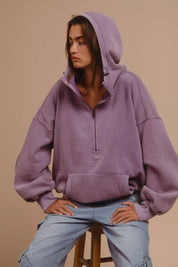 BIBI Stitch Detailed Elastic Hem Half Zip Fleece Hoodie on Simply Obsessed