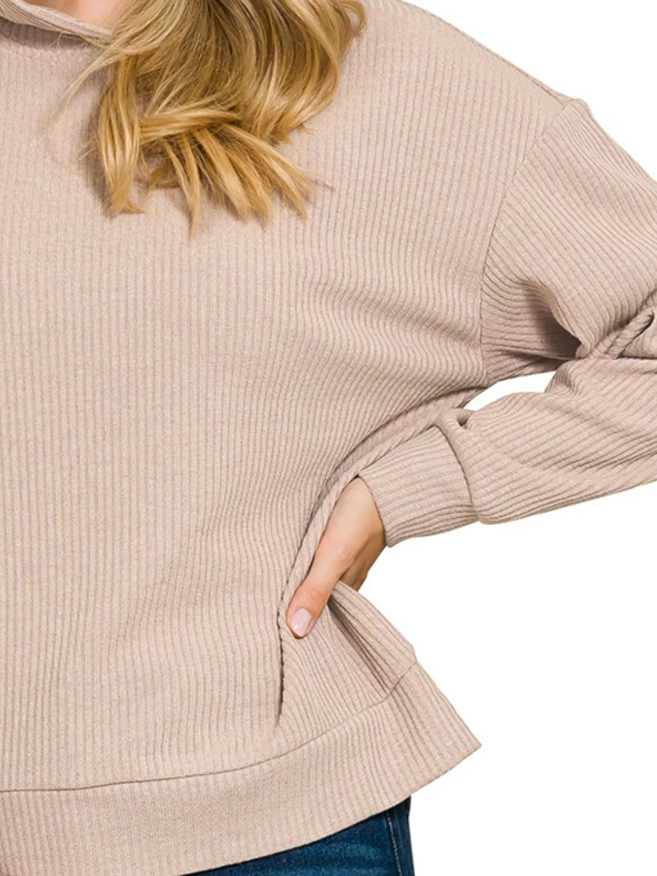 Zenana Ribbed Long Sleeve Hoodie on Simply Obsessed
