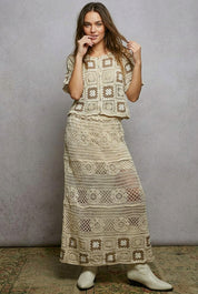 POL Floral Crochet Ruffled Waistband Maxi Skirt with Granny Square Weave on Simply Obsessed