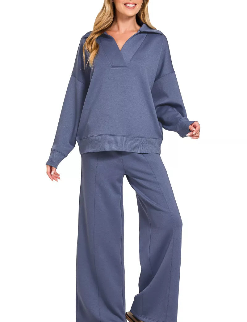 ZENANA Scuba Collared Pullover & Center Seam Pants Set on Simply Obsessed