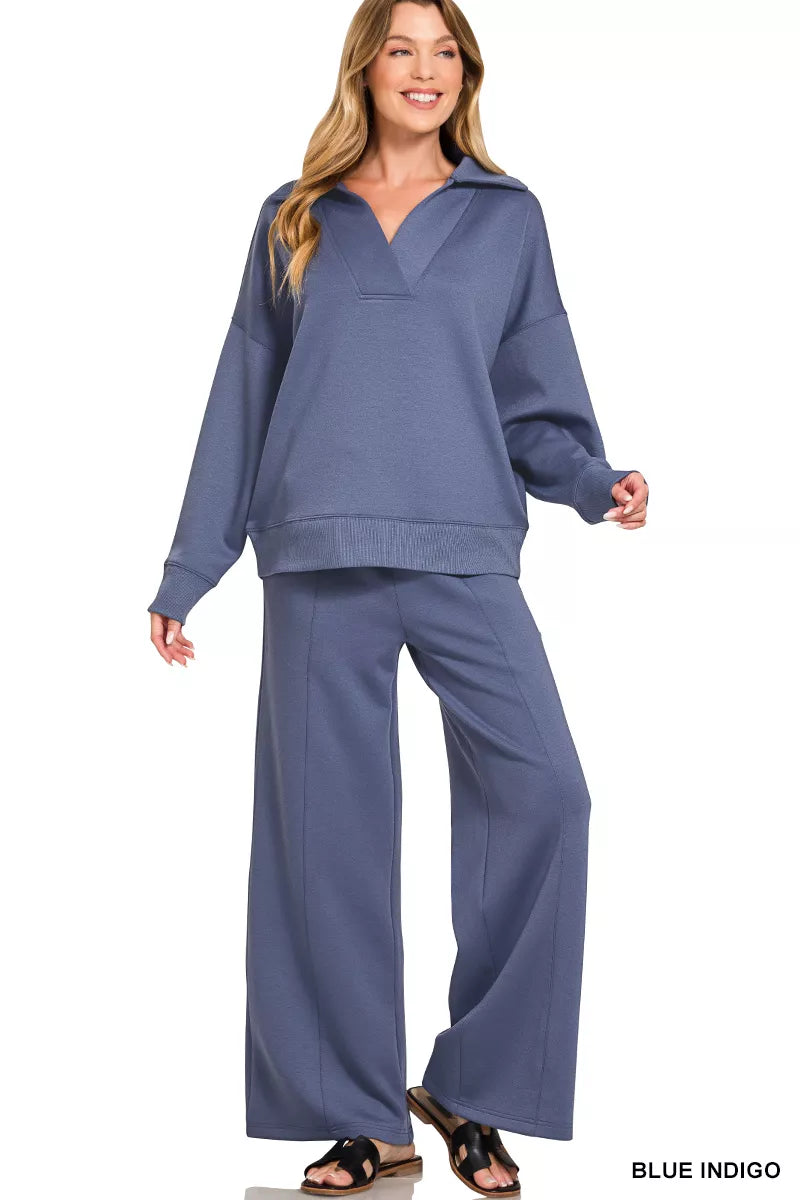 ZENANA Scuba Collared Pullover & Center Seam Pants Set on Simply Obsessed