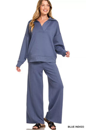 ZENANA Scuba Collared Pullover & Center Seam Pants Set on Simply Obsessed