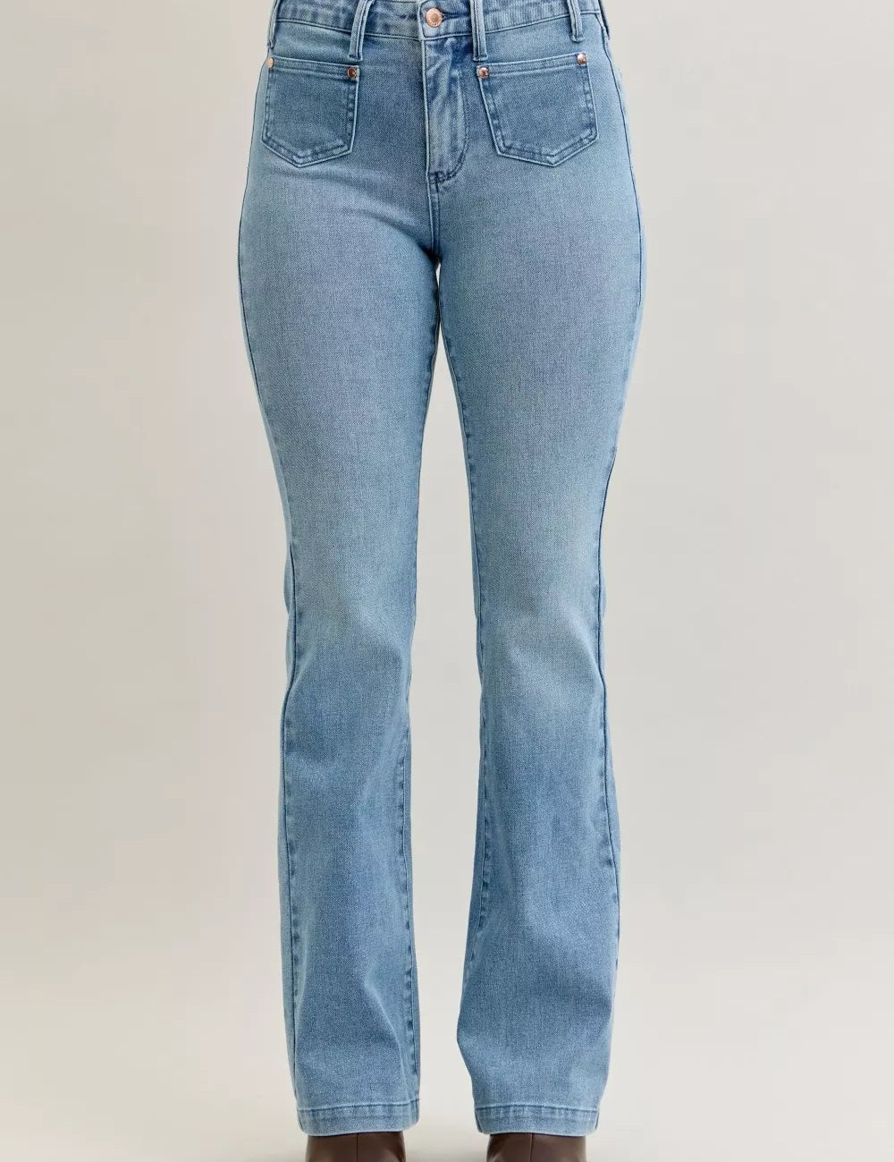 Judy Blue Full Size Mid Rise Bootcut Jeans with Contrast Wash & Front Patch Pockets Plus Size on Simply Obsessed