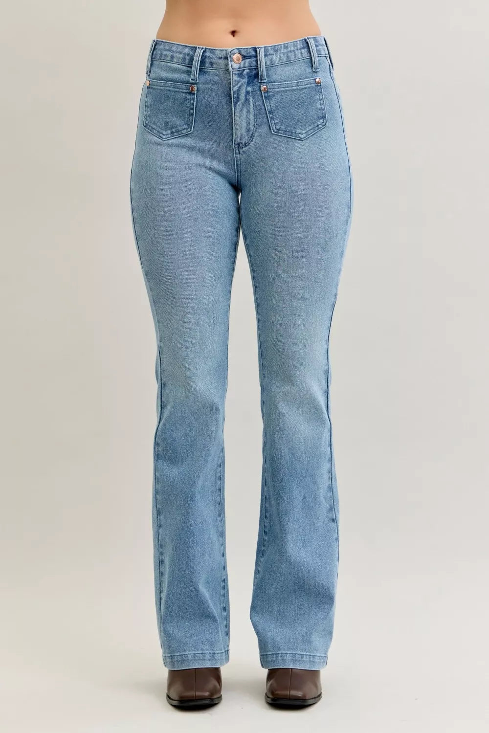 Judy Blue Full Size Mid Rise Bootcut Jeans with Contrast Wash & Front Patch Pockets Plus Size on Simply Obsessed