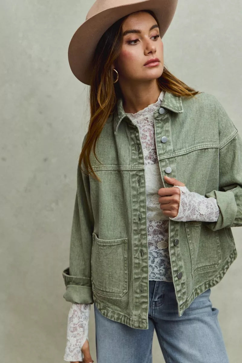 SO ME Vintage Washed Button Twill Shacket on Simply Obsessed