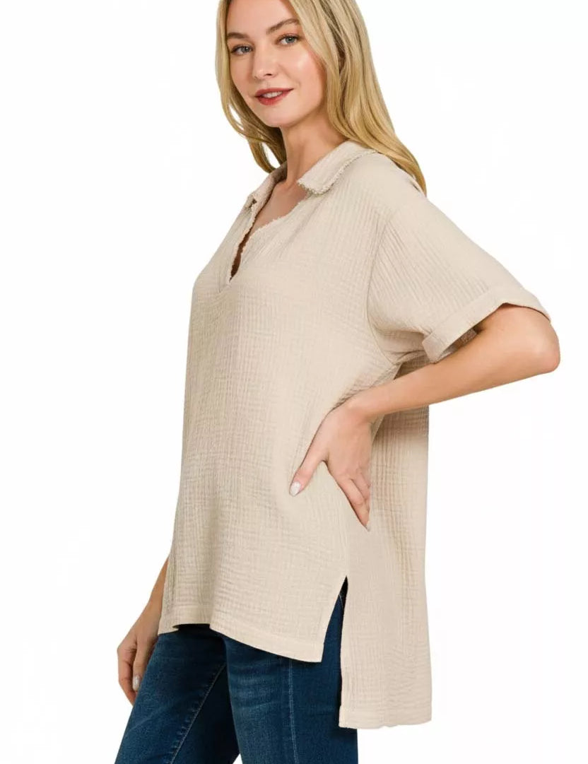 ZENANA Double Gauze Short Sleeve High-Low Top on Simply Obsessed