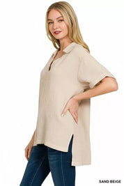 ZENANA Double Gauze Short Sleeve High-Low Top on Simply Obsessed