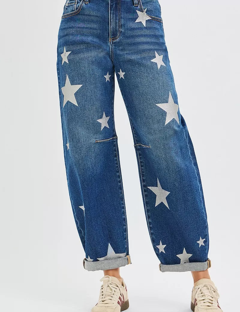 RISEN Mid Rise Ankle Length Relaxed Barrel Star Printed Jeans on Simply Obsessed
