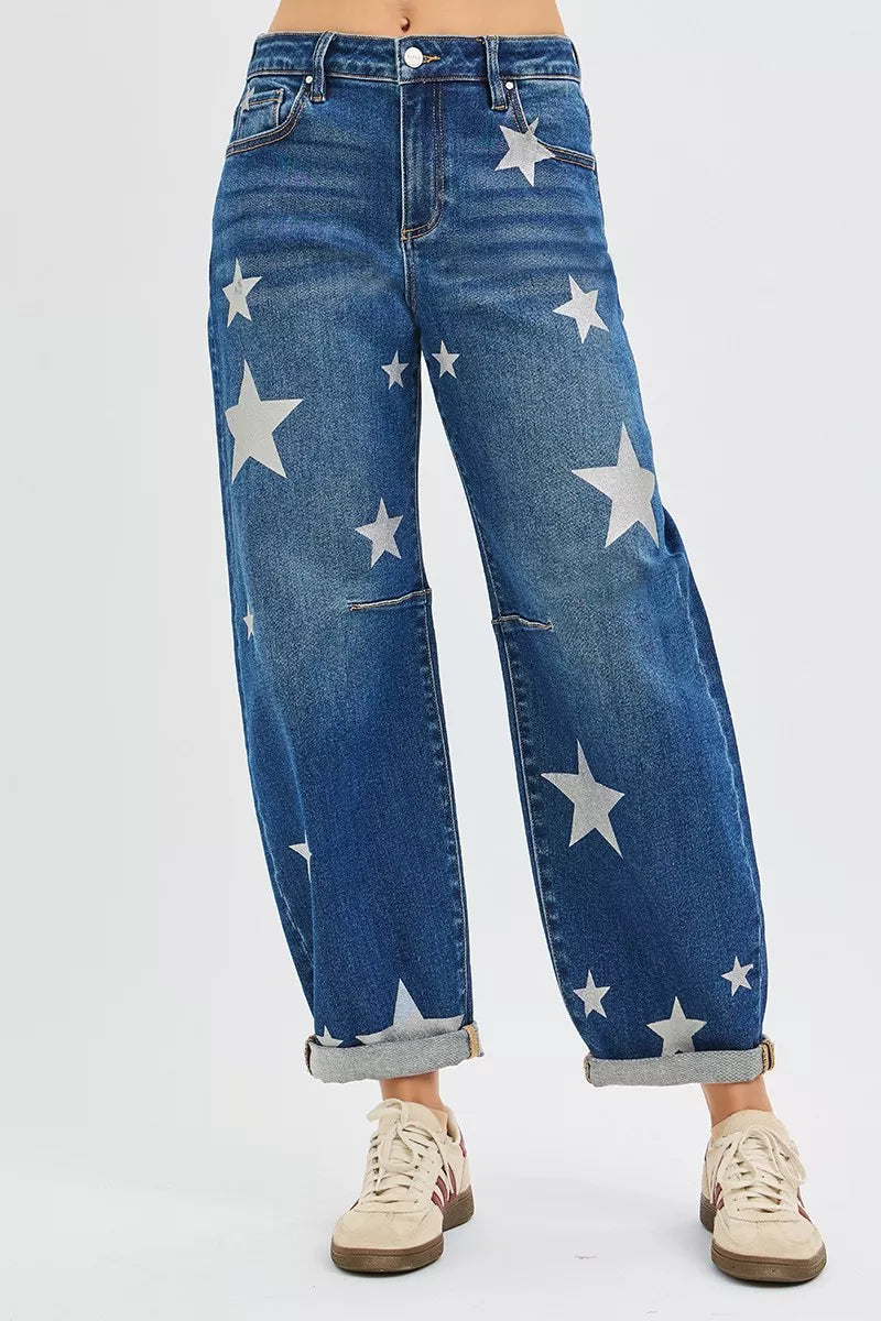 RISEN Mid Rise Ankle Length Relaxed Barrel Star Printed Jeans on Simply Obsessed
