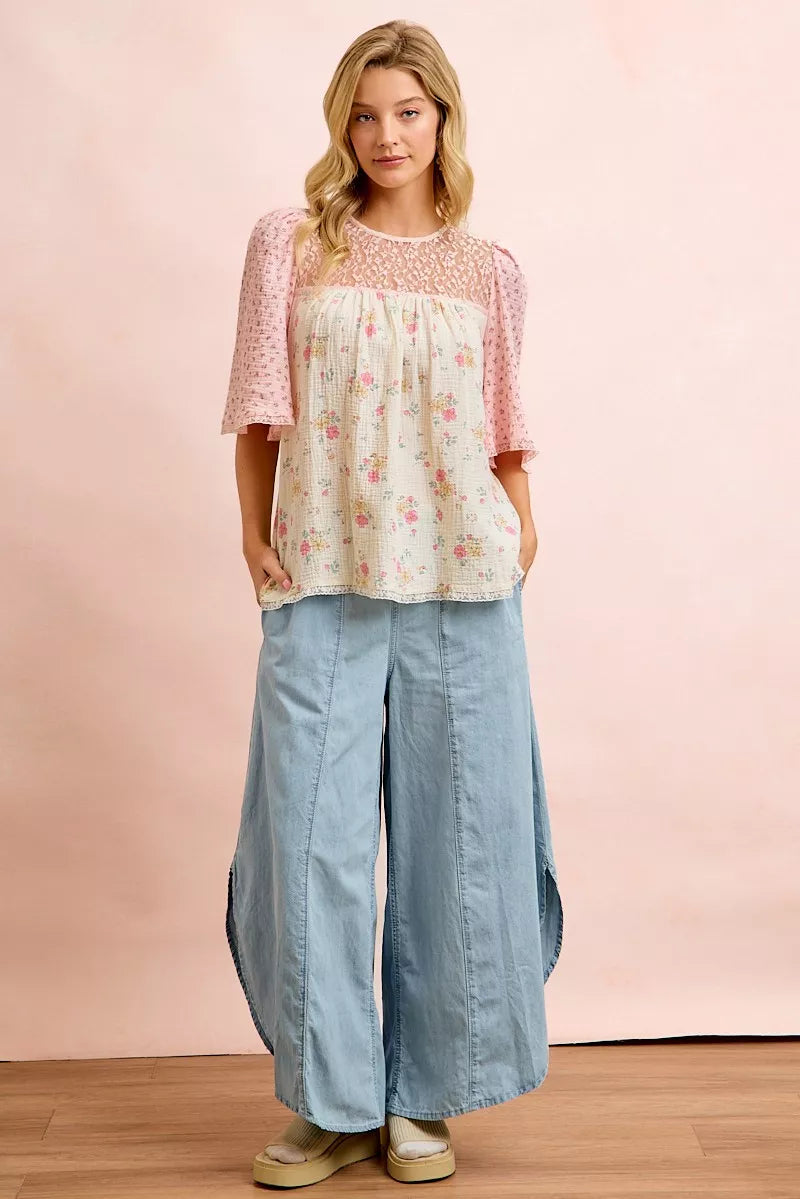 BIBI Crinkle Floral Gauze Mix And Matched Blouse Top on Simply Obsessed
