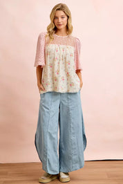 BIBI Crinkle Floral Gauze Mix And Matched Blouse Top on Simply Obsessed