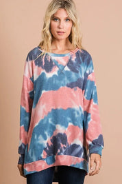 BiBi Tie Dye French Terry Pull Over with Front Stitching Detail on Simply Obsessed