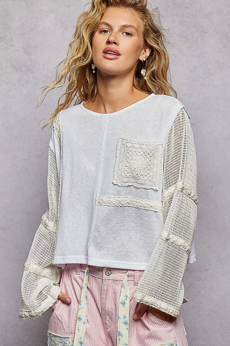 POL Round Neck Washed Top with Crochet See Through Sleeves on Simply Obsessed