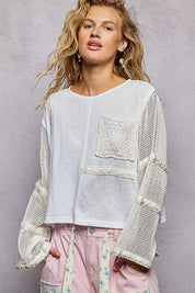 POL Round Neck Washed Top with Crochet See Through Sleeves on Simply Obsessed