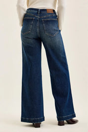 JUDY BLUE High Waist "lux" Retro Wide Jeans with Front Patch Tab Closure Dk Fade Indigo on Simply Obsessed