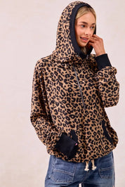 BiBi Leopard Print Waffle Half Zip Up Hoodie W Pocket on Simply Obsessed
