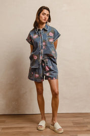BiBi Floral Printed Denim Short Pants With Pocket on Simply Obsessed