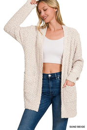 ZENANA Long Sleeve Popcorn Sweater Cardigan with Pockets on Simply Obsessed