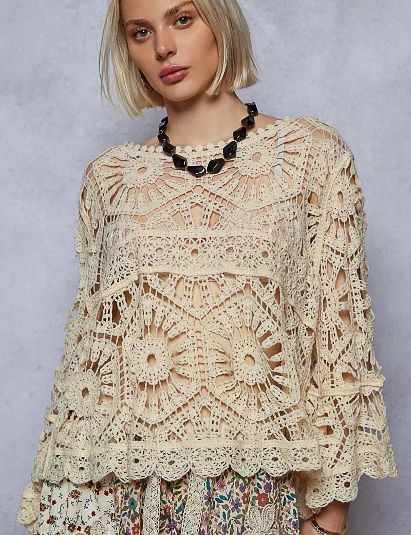 POL Round Neck Weave Knit Pattern Cropped Cover Up on Simply Obsessed