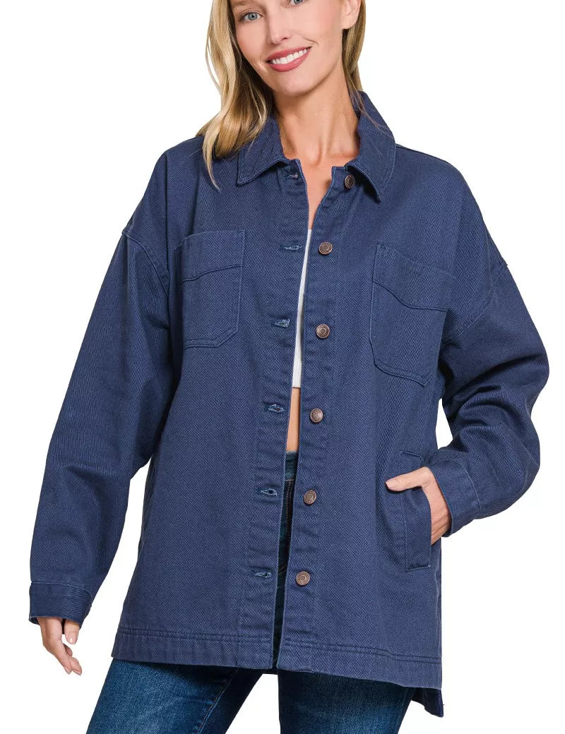 Zenana Oversized Collared Neck Button Front Shackets on Simply Obsessed