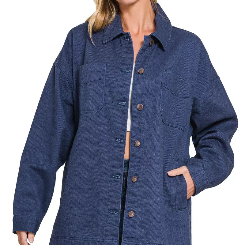 Zenana Oversized Collared Neck Button Front Shackets on Simply Obsessed