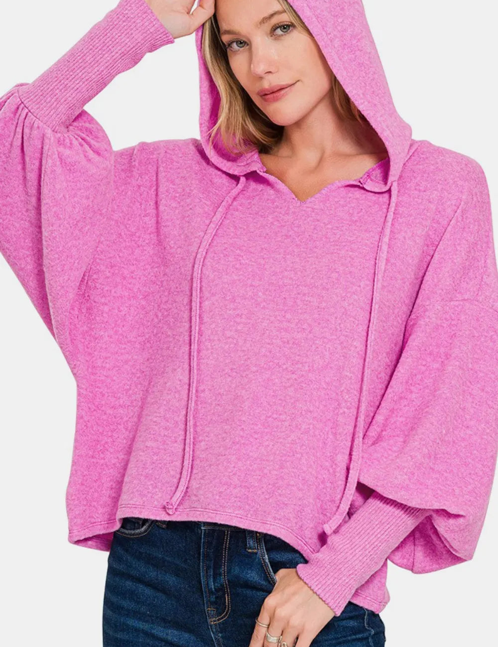 Zenana Brushed Hacci Drop Shoulder Cropped Hoodie on Simply Obsessed