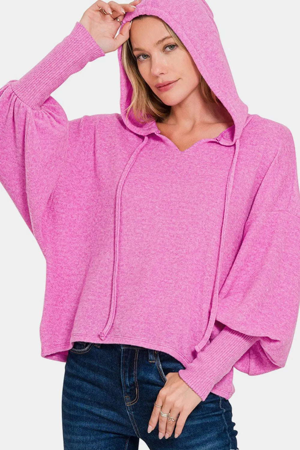Zenana Brushed Hacci Drop Shoulder Cropped Hoodie on Simply Obsessed