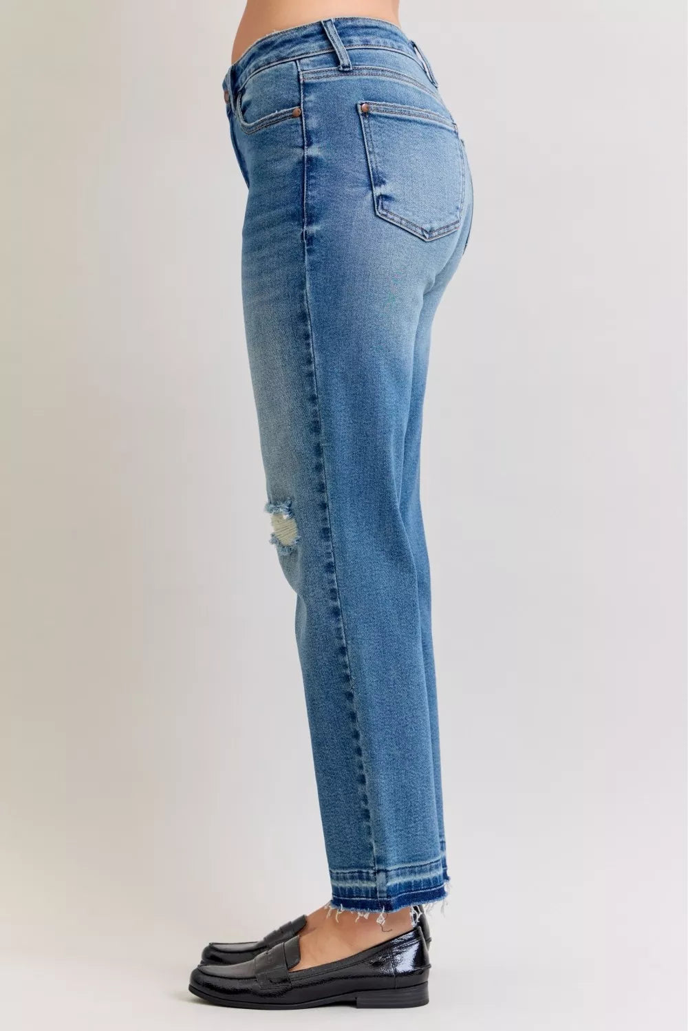 JUDY BLUE Full Size Mid Rise Bf Patch & Repair Destroy Release Hem Jeans Plus Size on Simply Obsessed